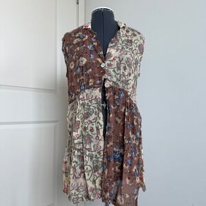 Vintage Floral Print Patchwork Boho Top Size Medium